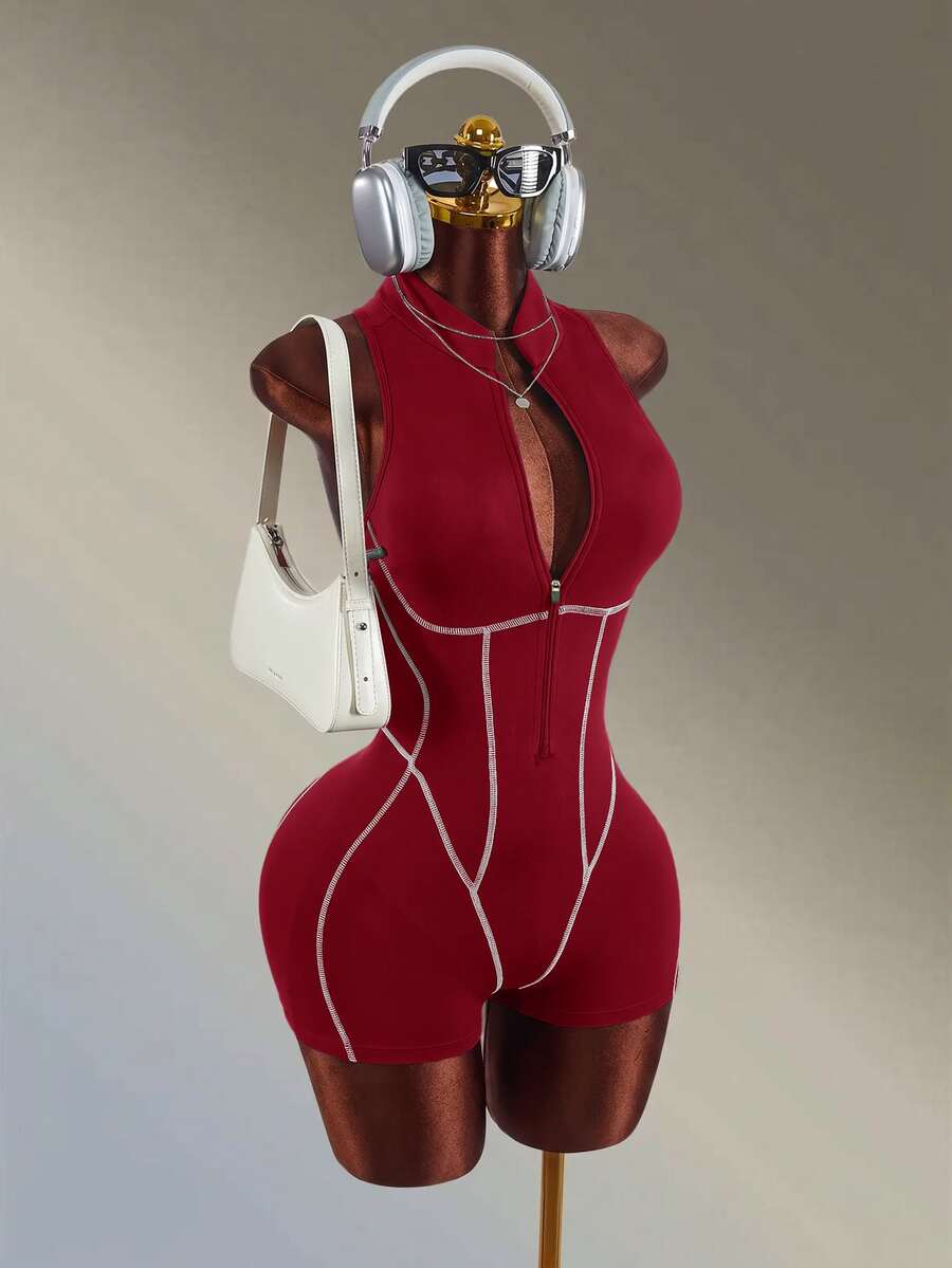 Amplova Women's Zipper Front Sleeveless Sports Romper - Red - View 1