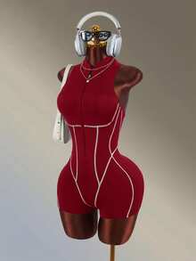 Amplova Women's Zipper Front Sleeveless Sports Romper - Red - View 3