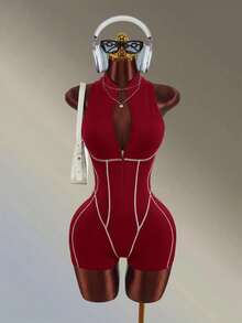 Amplova Women's Zipper Front Sleeveless Sports Romper - Red - View 8