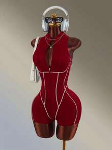 Amplova Women's Zipper Front Sleeveless Sports Romper - Red - View 7