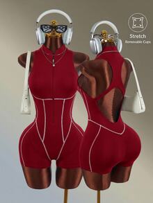 Amplova Women's Zipper Front Sleeveless Sports Romper - Red - View 9
