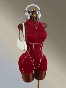 Amplova Women's Zipper Front Sleeveless Sports Romper - Red - View 4