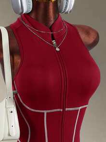 Amplova Women's Zipper Front Sleeveless Sports Romper - Red - View 5