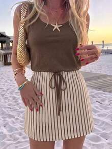 SHEIN LUNE 女款休閒寬鬆短洋裝，條紋洋裝，女款夏季服飾，夏季服飾，街頭風，適合日常通勤、約會、聚會、秋冬、夏季、派對、婚禮、海灘、畢業典禮，優雅、休閒、外出、Y2K、音樂節穿搭、度假服飾、返校服飾 - 彩色 - 查看 6