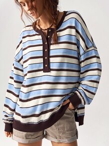 Bohemela 女款時尚條紋拼色半開襟鈕扣長袖運動衫 - 彩色 - 查看 3