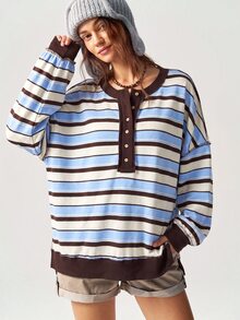 Bohemela 女款時尚條紋拼色半開襟鈕扣長袖運動衫 - 彩色 - 查看 4