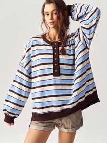 Bohemela 女款時尚條紋拼色半開襟鈕扣長袖運動衫 - 彩色 - 查看 8