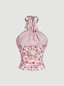 SHEIN MOD 女款花卉圖案金屬裝飾時尚掛脖上衣 - 粉色 - 查看 4