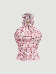 SHEIN MOD 女款花卉圖案金屬裝飾時尚掛脖上衣 - 粉色 - 查看 3