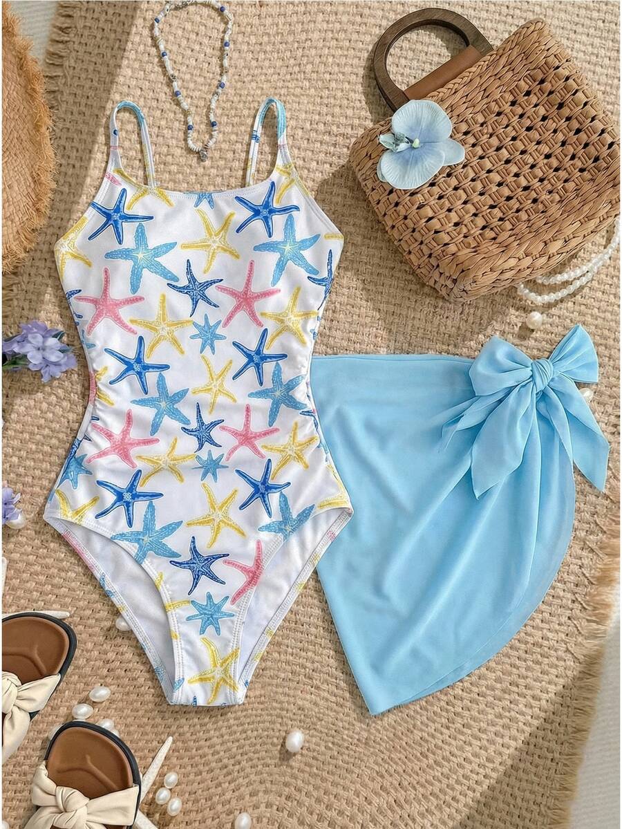 SHEIN Tween Girl Colorful Print One-Piece Swimwear Seashell Swimwear Starfish Bathing Suit Summer Swimwear For Girls - Multicolor - View 1