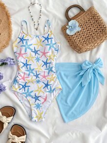 SHEIN Tween Girl Colorful Print One-Piece Swimwear Seashell Swimwear Starfish Bathing Suit Summer Swimwear For Girls - Multicolor - View 3