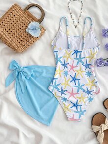 SHEIN Tween Girl Colorful Print One-Piece Swimwear Seashell Swimwear Starfish Bathing Suit Summer Swimwear For Girls - Multicolor - View 2