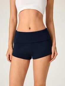 SHEIN BASICS 女款休閒保守版寬鬆慢跑運動休閒短褲，純色羅紋針織，夏季健身運動海軍藍慢跑短褲 - 藏蓝色 - 查看 5