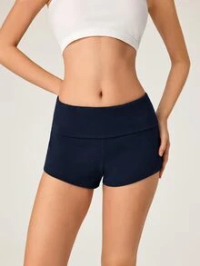 SHEIN BASICS 女款休閒保守版寬鬆慢跑運動休閒短褲，純色羅紋針織，夏季健身運動海軍藍慢跑短褲 - 藏蓝色 - 查看 4