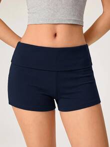 SHEIN BASICS 女款休閒保守版寬鬆慢跑運動休閒短褲，純色羅紋針織，夏季健身運動海軍藍慢跑短褲 - 藏蓝色 - 查看 6