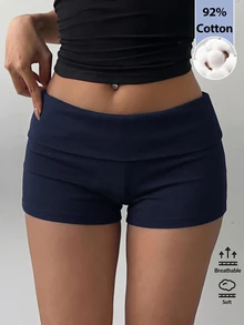 SHEIN BASICS 女款休閒保守版寬鬆慢跑運動休閒短褲，純色羅紋針織，夏季健身運動海軍藍慢跑短褲 - 藏蓝色 - 查看 2