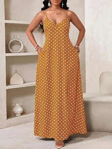 SHEIN Lady 女款夏季休閒波點印花細肩帶洋裝 - 芥末黃 - 查看 5
