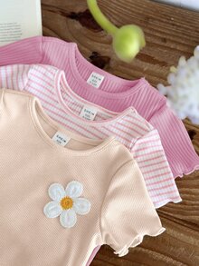 SHEIN LMoss Kids 女嬰 3 件組針織休閒圓領 T 恤套裝，可愛花卉與條紋針織 - 彩色 - 查看 3