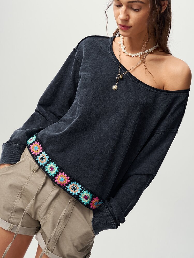 Bohemela Women's Fall/Winter Casual Black Knit Sweatshirt With Hand-Braided Ribbon Detailing, Perfect For Holiday Outfits, Country Concerts, Halloween, New Yea - Black - View 3