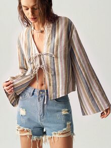 Bohemela 女款百搭度假風前綁帶長袖條紋襯衫 - 彩色 - 查看 5