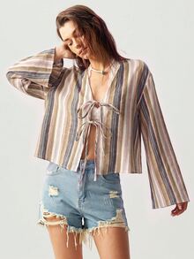Bohemela 女款百搭度假風前綁帶長袖條紋襯衫 - 彩色 - 查看 3