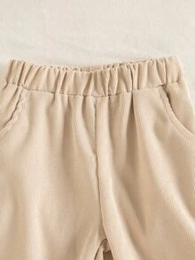 SHEIN Playful Pals 2件組幼童男童上衣+長褲，可愛卡其色羅紋鈕扣口袋翻領長袖正裝，適合生日派對、秋季假期、聖誕節，素色 - 卡其色 - 查看 5