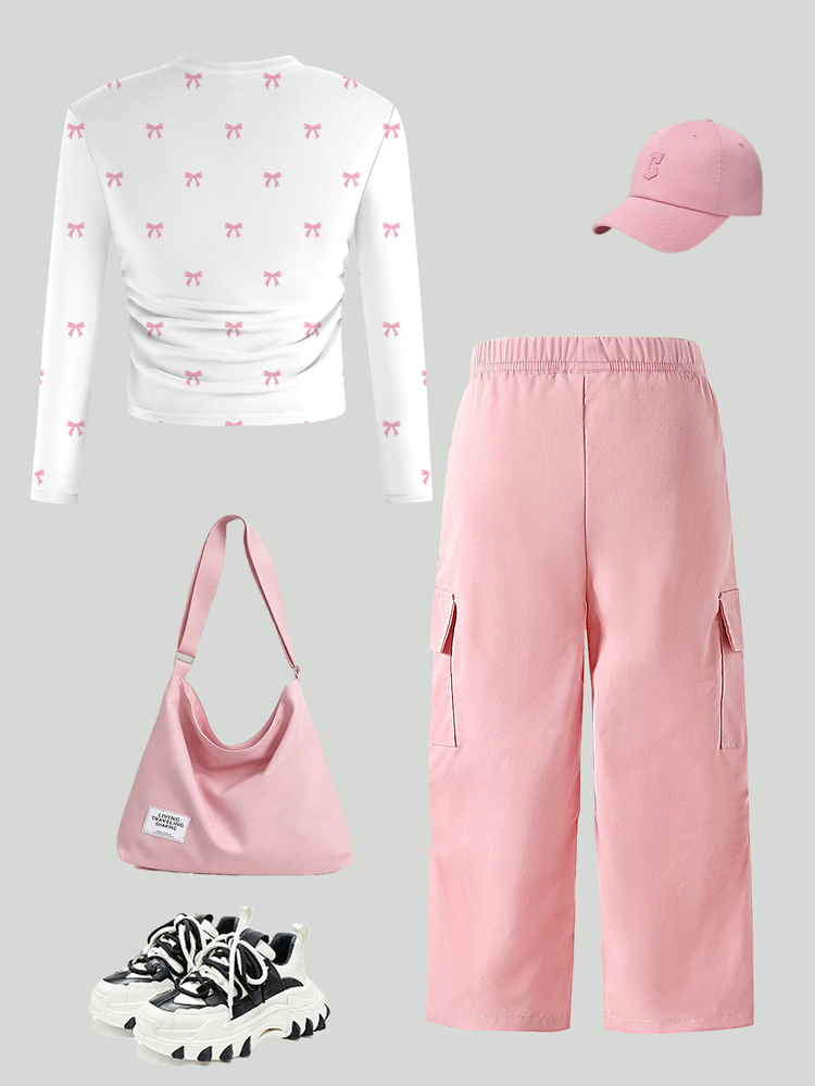 SHEIN Girl's Casual Sweet Bow Print Short Sleeve Round Neck Slim Fit T-Shirt + Comfortable Loose Pink Wide Leg Cargo Pants Set, Casual Entertainment Daily Wear, Suitable For All Seasons, Spring And Summer Comfortable Outfit, Daily Home Holiday Versatile Set - Multicolor - View 2