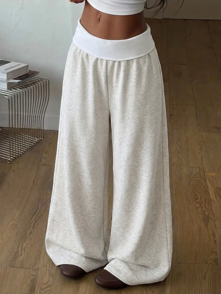 SHEIN 青少年女孩休閒百搭對比腰帶寬腿運動長褲 冬季 - 彩色 - 查看 1