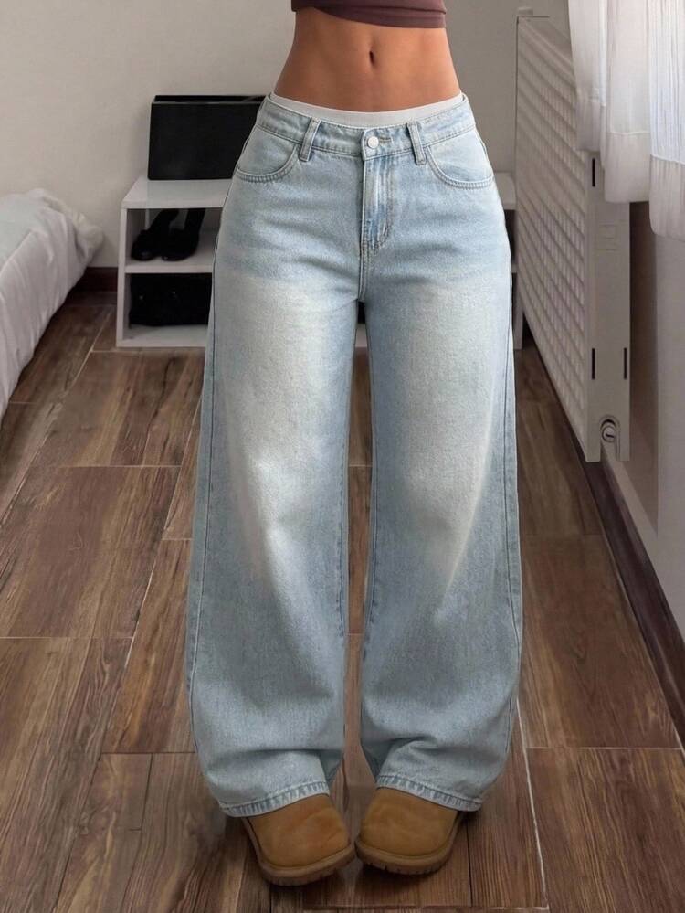 Muchica Women's Fashion Versatile Pocket Button Loose Wide Leg Denim Jeans Fall/Winter Casual Formal Business Cute Cowgirl All-Match Vintage Back To School - Blue - View 1