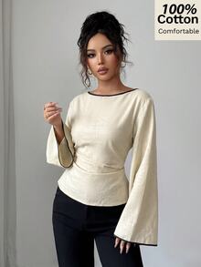 Siren Gaze 新款秋季女款 100% 純棉上衣－修身剪裁、喇叭袖、顯瘦效果－適合日常通勤、教師節、辦公室穿著，米色優雅 - 杏色 - 查看 7
