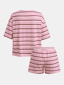 SHEIN Set Atasan dan Celana Pendek Kasual Sehari-hari untuk Anak Perempuan Remaja: Atasan Kaos Longgar dengan Detail Garis Biru dan Sisi Kuning - Kuning - View 2
