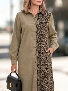 Louniche 2026 Autumn/Winter New Leopard Print Patchwork Mid-Length Shirt Dress For Women, Elegant Commute Loose Shorts Dress - Multicolor - View 6
