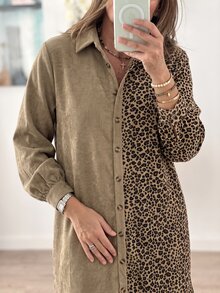 Louniche 2026 Autumn/Winter New Leopard Print Patchwork Mid-Length Shirt Dress For Women, Elegant Commute Loose Shorts Dress - Multicolor - View 3