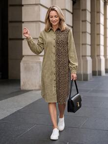 Louniche 2026 Autumn/Winter New Leopard Print Patchwork Mid-Length Shirt Dress For Women, Elegant Commute Loose Shorts Dress - Multicolor - View 4