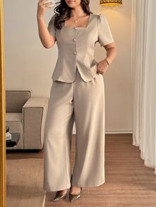 Vionelle 卡其色夏季優雅辦公晚宴正式大尺碼女款兩件套 亞麻梭織法式領泡泡袖收腰直筒褲套裝 - 卡其色 - 查看 3