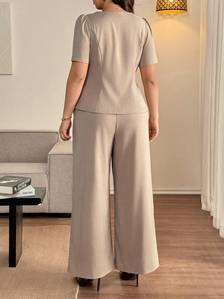 Vionelle Khaki Summer Elegant Office Evening Formal Plus Size Women's 2 Pieces Set Woven French Collar Puff Sleeve Cinched Waist Straight Leg Pants Suit Linen - Khaki - View 2