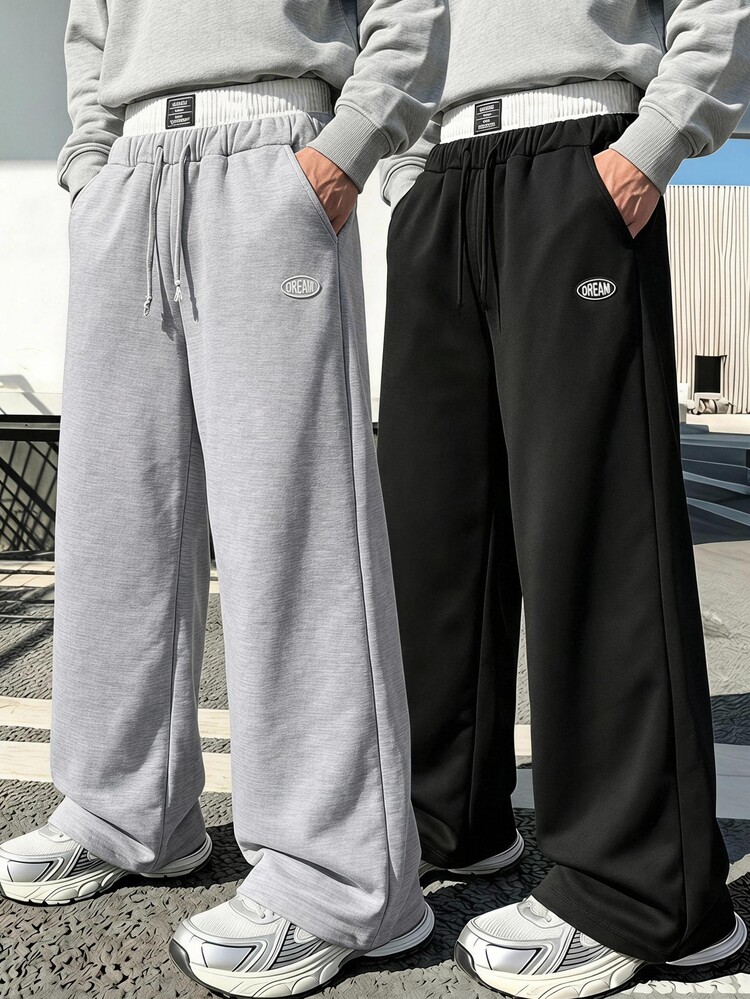 Coolqubz Teen Boy Fall 2pcs/Set Fashion High Street Loose Wide Leg Knit Pants, Double Waistband Design, Comfortable Fabric, Versatile Color, Suitable For Campus And Daily Wear, Suitable For Autumn/Winter Seasons - Multicolor - View 2