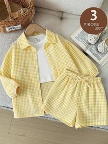 SHEIN LMoss Kids 3件套女婴纹理格子衬衫、针织背心和短裤套装 - 彩色 - 查看 1