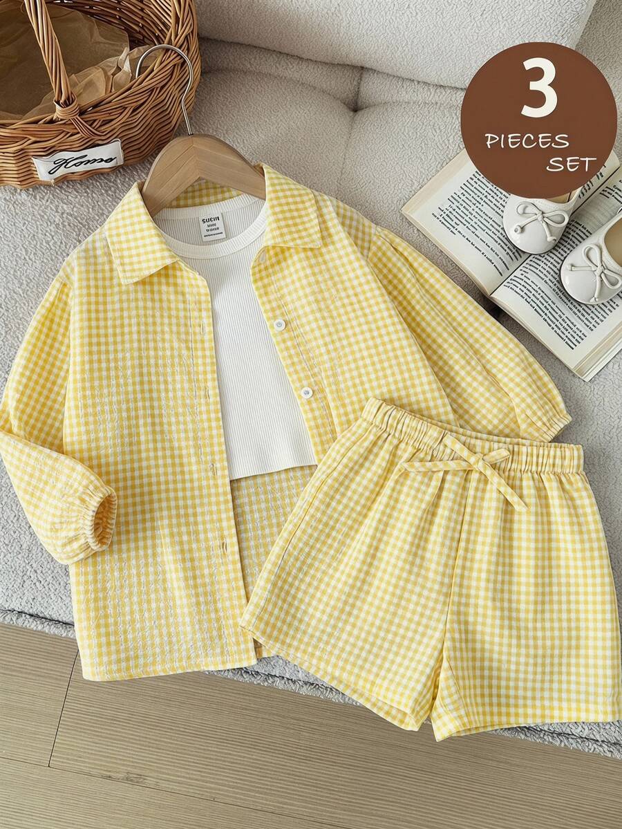 SHEIN LMoss Kids 3件套女婴纹理格子衬衫、针织背心和短裤套装 - 彩色 - 查看 1