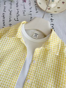 SHEIN LMoss Kids 3件套女婴纹理格子衬衫、针织背心和短裤套装 - 彩色 - 查看 3
