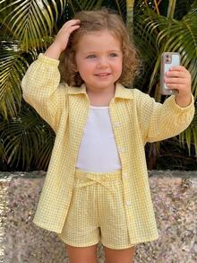 SHEIN LMoss Kids 3件套女婴纹理格子衬衫、针织背心和短裤套装 - 彩色 - 查看 6