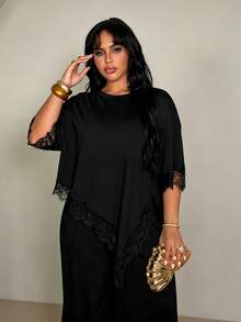 Rustia Setelan Wanita Elegan dengan Hem Asimetris, Patchwork Renda, Minimalis, Kasual, Cocok untuk Perjalanan di Awal Musim Gugur, Ukuran Plus, 2 Potong Longgar - Hitam - View 4