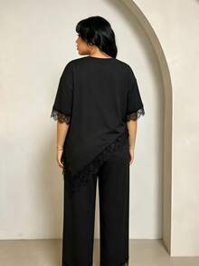 Rustia Setelan Wanita Elegan dengan Hem Asimetris, Patchwork Renda, Minimalis, Kasual, Cocok untuk Perjalanan di Awal Musim Gugur, Ukuran Plus, 2 Potong Longgar - Hitam - View 2