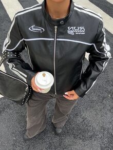 Muchica 女款休閒秋季拉鍊短版人造皮革夾克，條紋拼接配色圖案印花機車騎士外套 - 黑色 - 查看 4