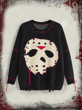 Friday the 13th X ROMWE Colaboración IP Viernes 13 Estilo Gótico Punk Oscuro Divertido Desgastado Halloween Talla Grande Suéter Pullover