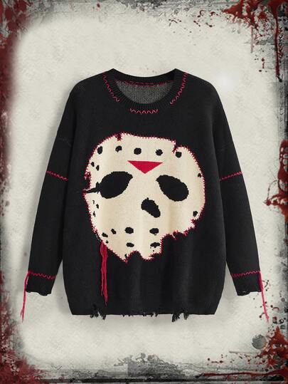 Friday the 13th X ROMWE IP Collaboration Friday The 13th Gothic Punk Dark Style Fun Distressed Halloween Plus Size Pullover Sweater