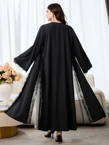 Al Najma Plus Size Women Lace Patchwork Casual Party Abaya - Black - View 2