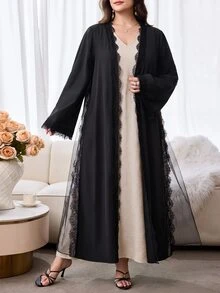 Al Najma Plus Size Women Lace Patchwork Casual Party Abaya - Black - View 7