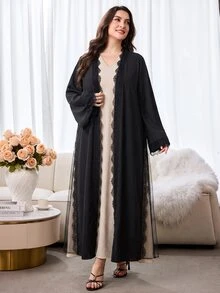 Al Najma Plus Size Women Lace Patchwork Casual Party Abaya - Black - View 4