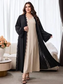 Al Najma Plus Size Women Lace Patchwork Casual Party Abaya - Black - View 6